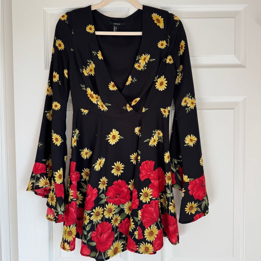 Forever 21 Black Long Sleeve Floral Wrap Dress with Red & Yellow Flowers